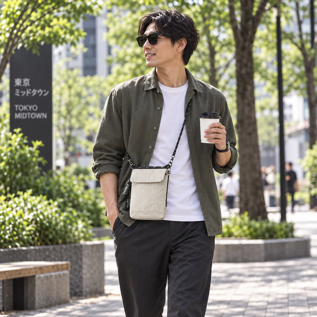 グレージュのVB108を斜め掛けし、コーヒーを手に歩く男性