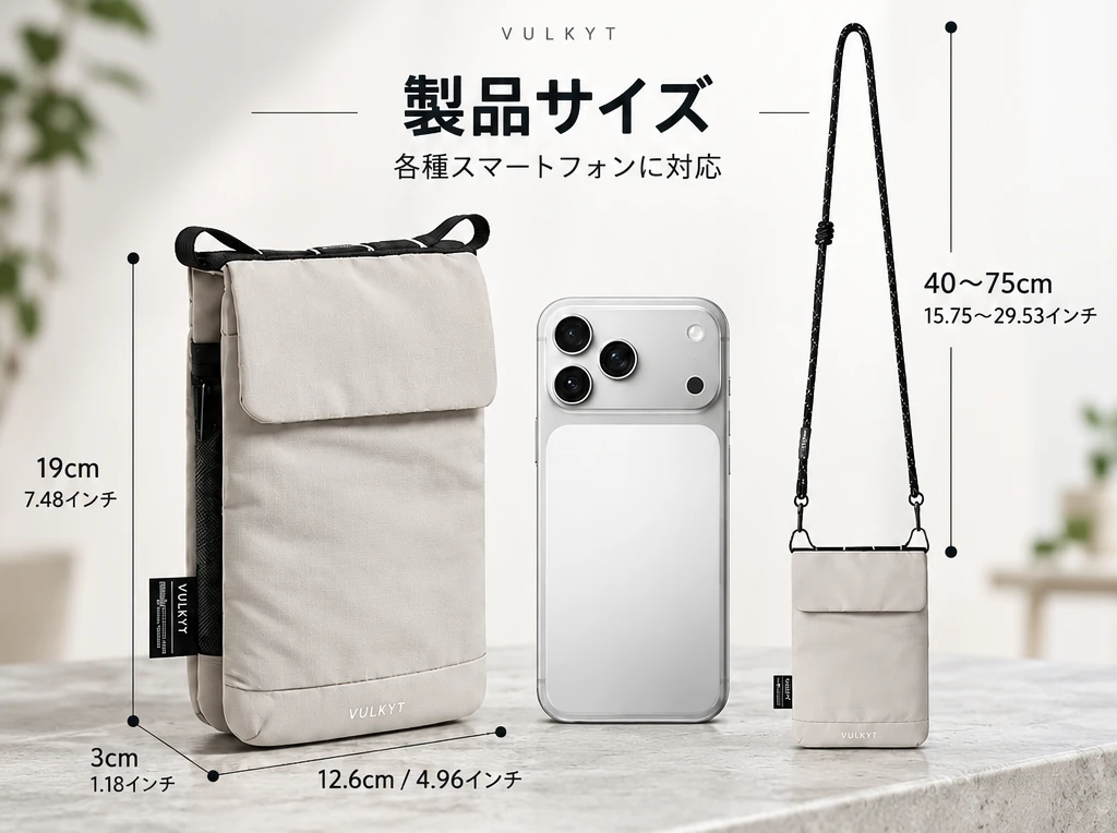 製品サイズ：本体約19×12.6×3cm、ストラップ約40–75cm。スマートフォンと並べたサイズ比較