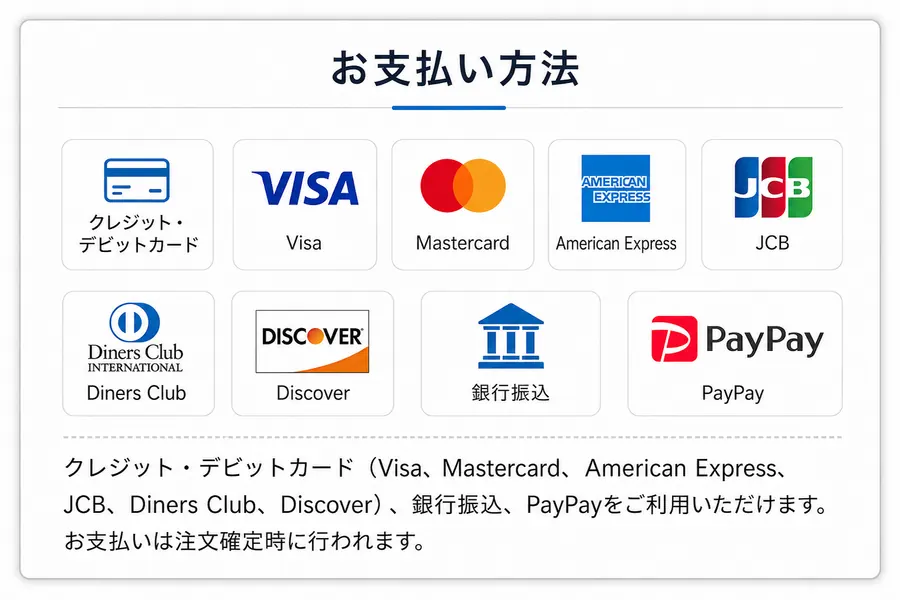 お支払い方法: クレジット・デビットカード、Visa、Mastercard、American Express、JCB、Diners Club、Discover、銀行振込、PayPay
