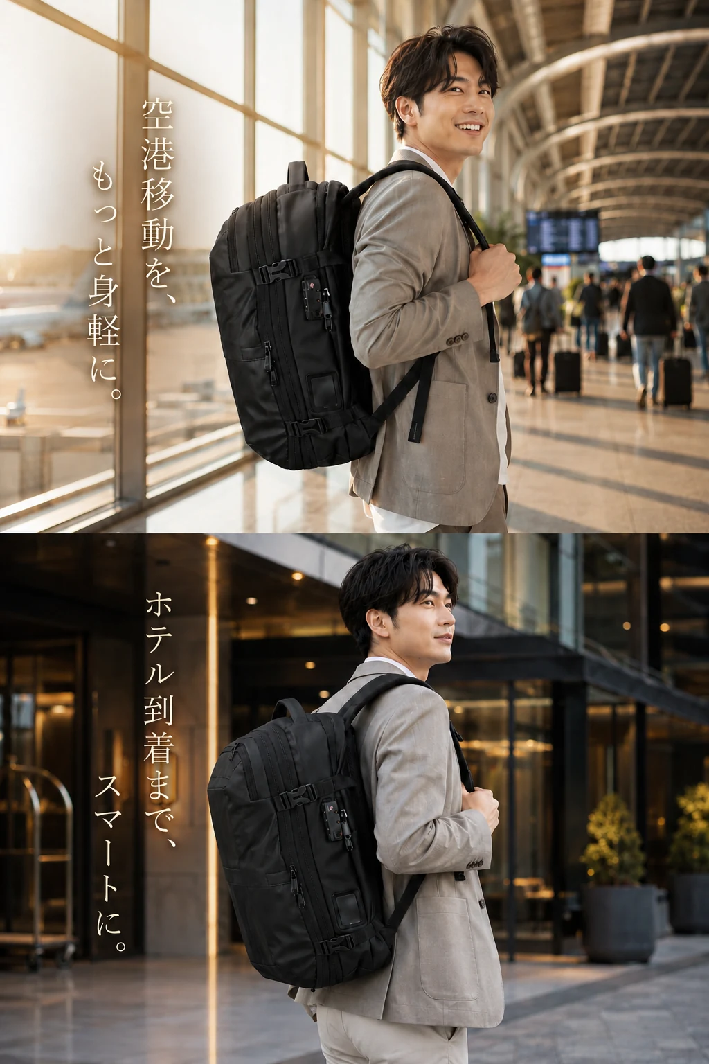 空港とホテルでVULKIT VBP101を背負うビジネスパーソン